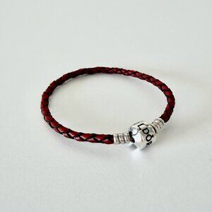 PANDORA Dark Red Braided Leather Charm Bracelet